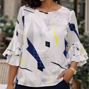 White Blue Yellow Geometric Ruffle Sleeve Blouse Large |Bell Sleeve Work Top